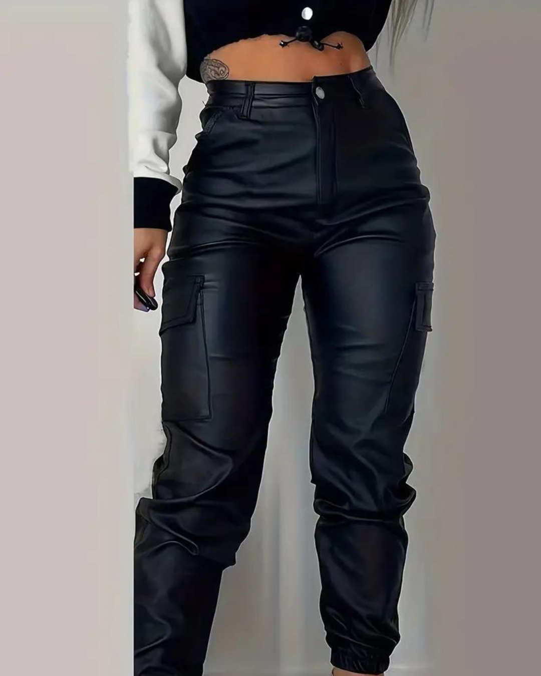LISA - Cargo Leather Pants  - Black